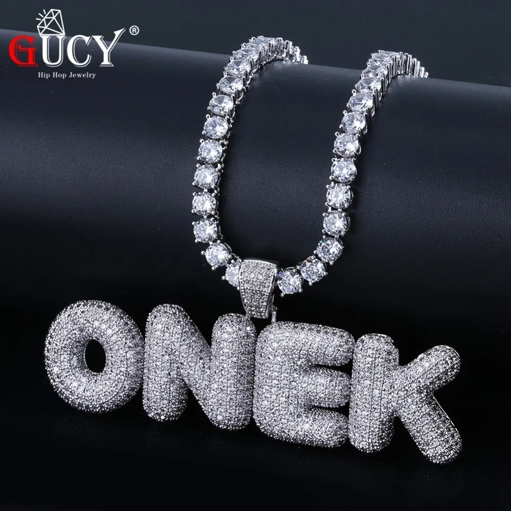 Gucy A-z Nombre personalizado Letras de burbujas Collar colgante Encanto Hombres Cz Hip Hop Joyería con cadena de tenis de plata dorada J190713