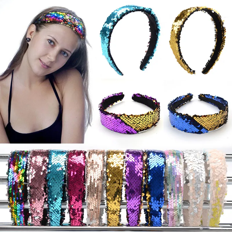 Mädchen doppelseitiges Pailletten-Stirnband, modisches glänzendes Haar, klebt Verfärbung, Meerjungfrau-Designer-Haarband