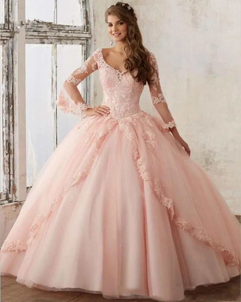Long Sleeve Baby Pink Prom Dress 2024 Puffy Ball Gown Quinceanera Dress V Neck Lace Applique Sweet 16 Floor Length