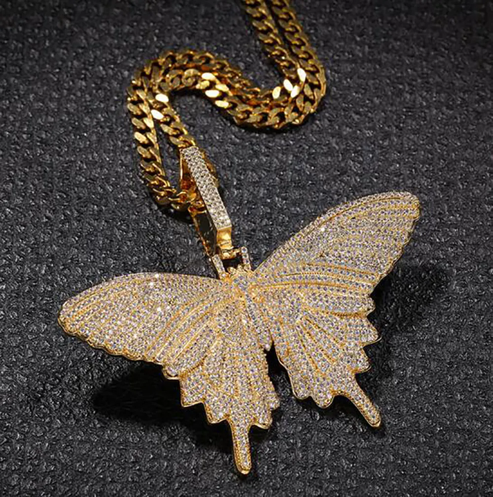 14K Iced Out Diamond Big Size Butterfly Pendant Necklace with Big Locked Bling Micro Pave Cubic Zirconia Simulated Diamonds Only P242y
