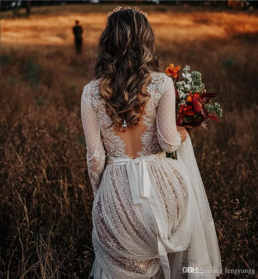 Custom-made Lace V-Neck bohemian wedding gowns with Chapel Train and Backless - Perfect for Country Weddings