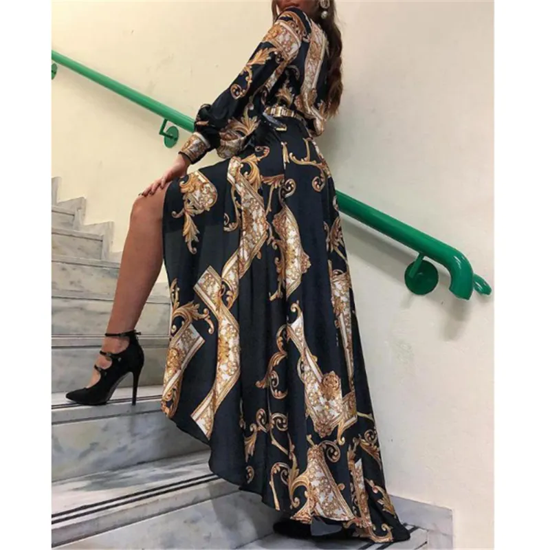 2019 Elegant Fashion Women Maxi Dress Casual Bodycon Irregular Hem Dress Female Vintage Baroque Printed Long Autumn