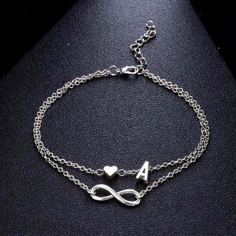 Vintage Silver Anklet Vrouwelijke brief Hart Boheemse Cheville Boho Charm Jewelry Infinity enkels armbanden voor vrouw