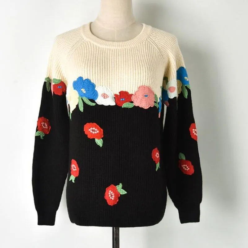 Осень женщины свитер Нового Contrast Цвет Цветок вышивка Женщина вязать свитер пуловер Теплого женских свитеров Размер S-L