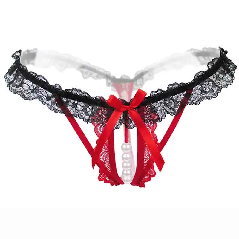 Lace Open Crotch Panties Bright Pink G String Pearl Briefs Bowknot