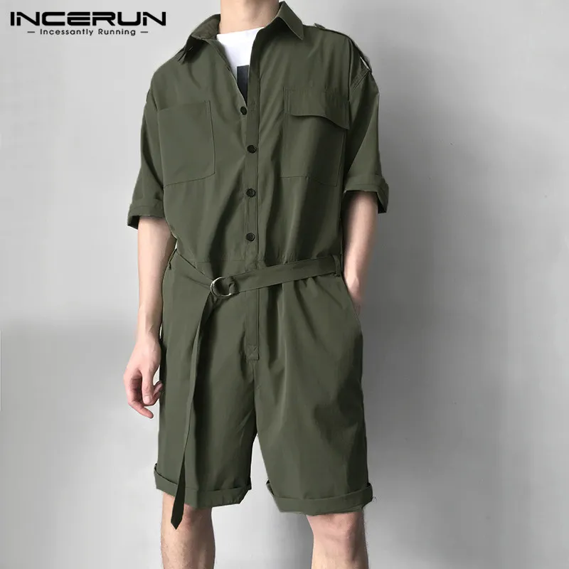INCERUN 2019 Fashion Men Romper Jumpsuit With Belt Half Sleeve Streetwear Casual Playsuit Pants Men Cargo Overalls Harajuku 5XL