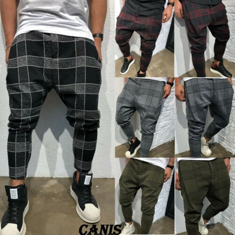 2019 Nowa marka moda męskie menu fitness Plaid Pants Prosty nóg spodnie ołówka do joggera