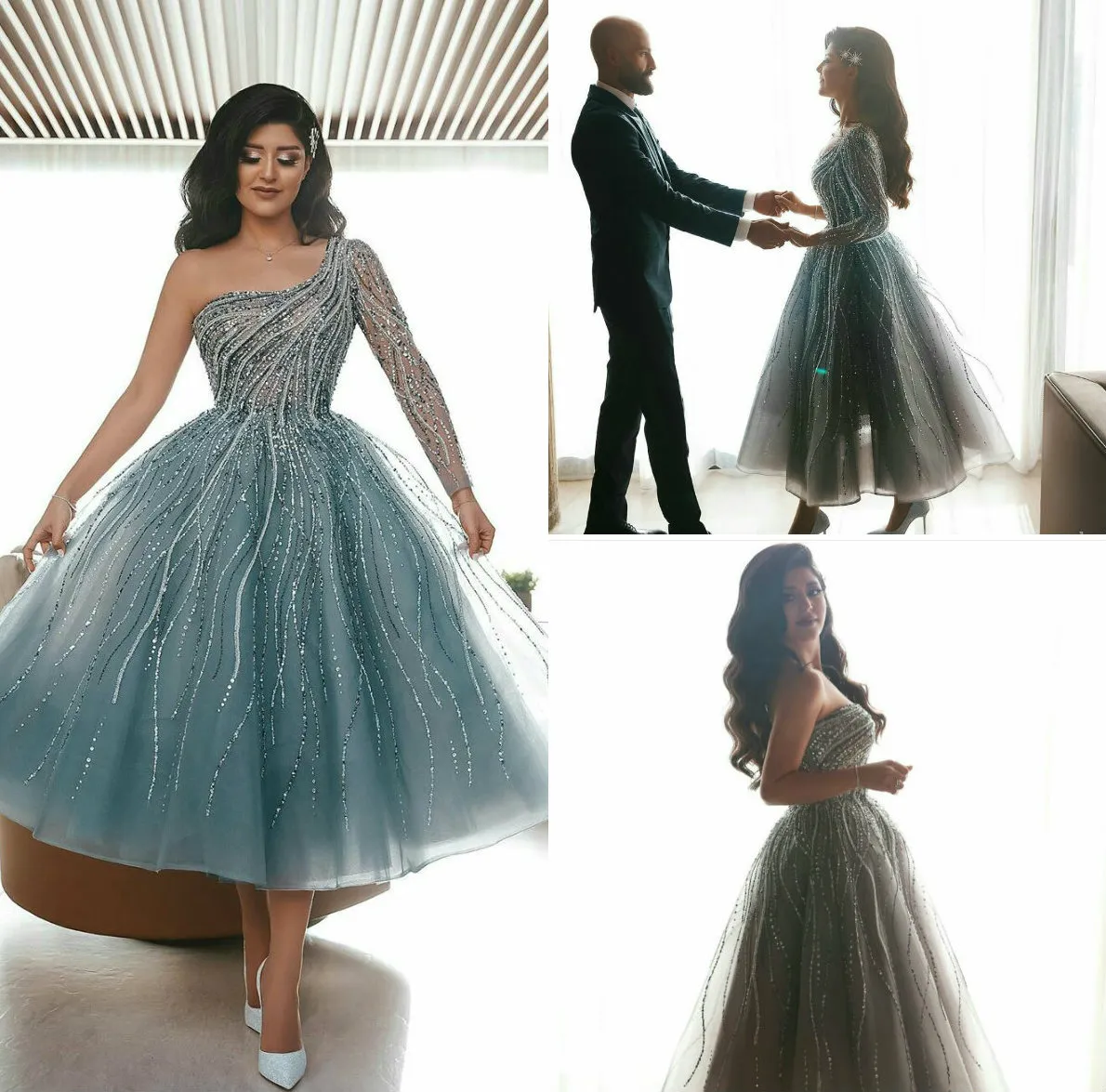 2020 Elegancki suknie wieczorowe Jedno ramię z długim rękawem Koronki Cekiny Prom Suknie Custom Made Herbat Długość linii Specjalna okazja Dress