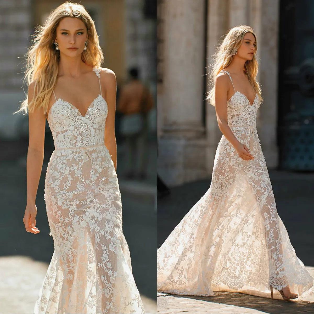 Berta Privée No. 2 Wedding Dresses 2020 Spaghetti Lace Sequins Boho Bridal Gowns Floor Length Beach Wedding Dress