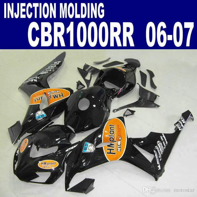 Injektionsform Freeship Motorcykel Fairing Kit för Honda 2006 2007 CBR1000RR 06 07 CBR 1000 RR Svart Orange Fairings VV39