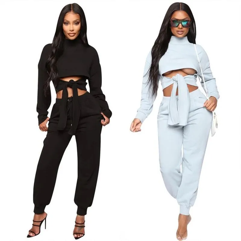 2 Piece Sets Womens Outfits Matching Sets Crop Tops Front Tie Solid Long Sleeve Casual Women Two Piece Set Clothing