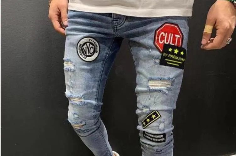 Compra Pantalones Vaqueros Con Paneles Pantalones De Lápiz De Agujero De  Homé De Homme Moda Homme Street Style Jeans Mens Designer Parches Barato |  Entrega Rápida Y Calidad | Es.Dhgate