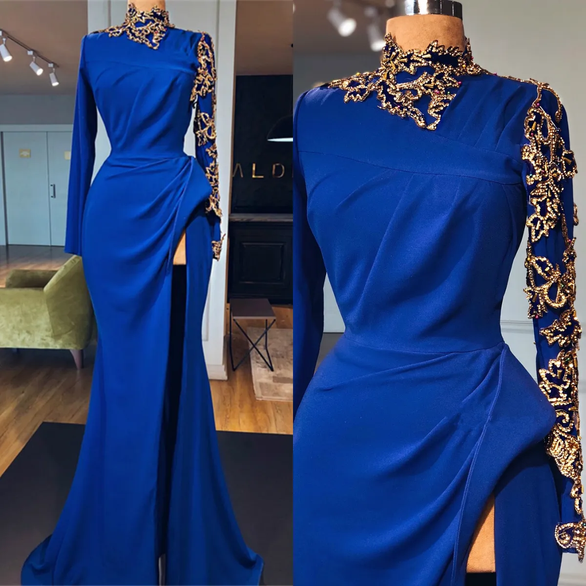 Royal Blue Mermaid Evening Dresses High Neck Long Sleeves Side Split Gold Appliques Prom Gowns Arabic Special Occasion Party Dress