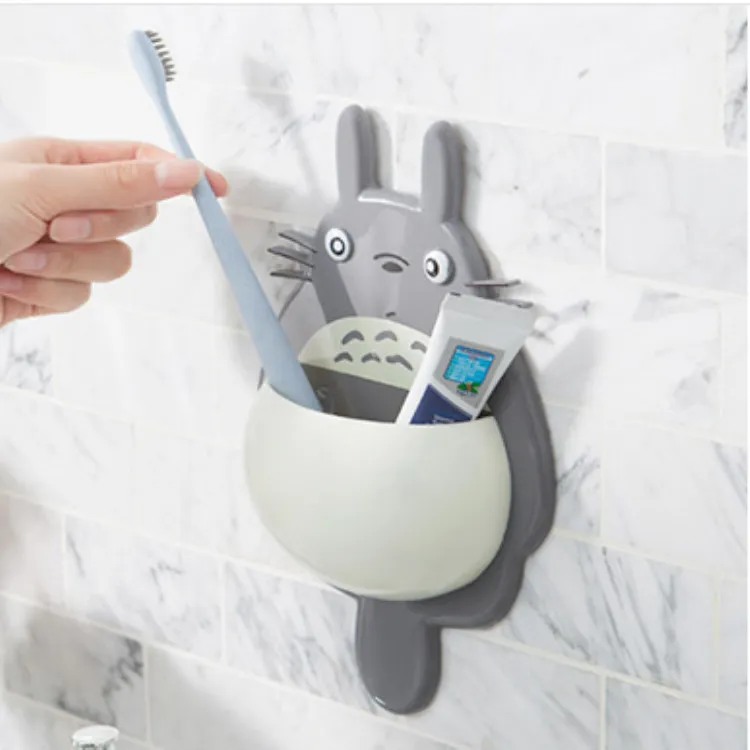 Totoro Toothbrush Holder Cartoon Cute Wall Mount Hanging Sucker Rack Toothpaste Holders with 3 Suction Cups Spoon Holder GGA2142