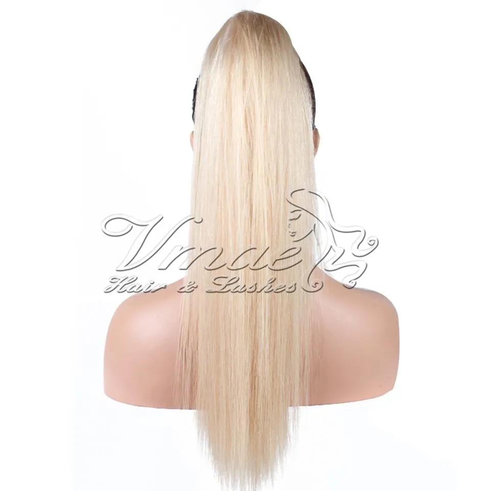 Claw Clip Drawstring Ponytail Remy Russian Blonde Cuticle Aligned Virgin Naturlig Rak 120 g 10 till 22inch Horsetail Mänsklig hårförlängning