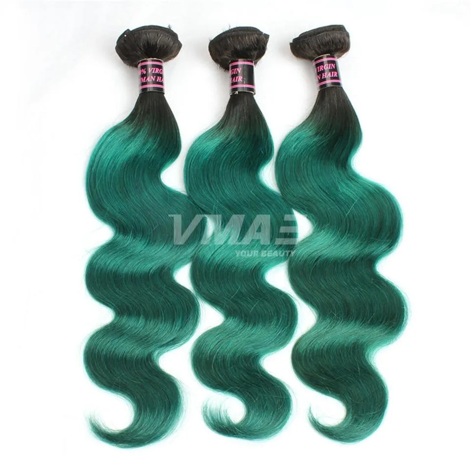 1b Grön brasiliansk kroppsvåg Mänsklig hår Virgin Human Hair Extensions Ombre Färg Brasilianskt Hår 3 Bundlar Lot VMAe