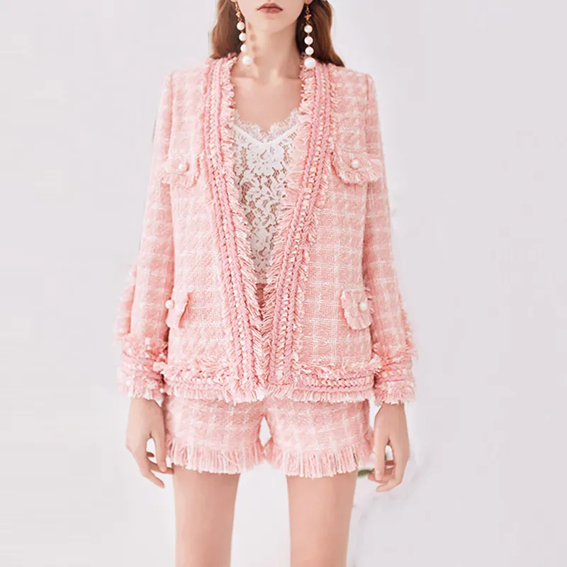 Pink Plaid Tweed Jacket +Shorts Suit 