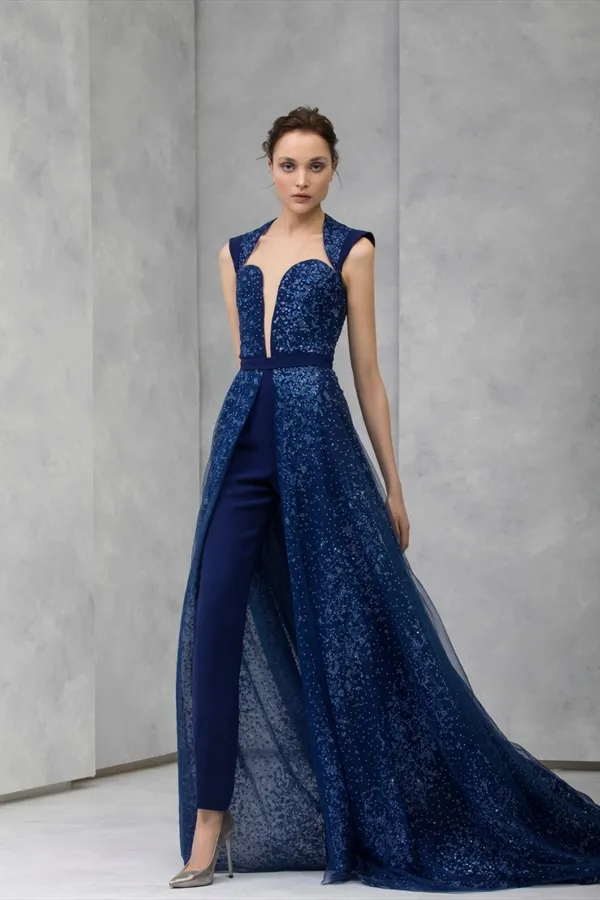 Womens Navy Evening Jumpsuit With Detachable Lace Sequined Beaded High  Collar Prom Dress Tony Ward Formal Party Gowns Pants Suit From Dressvip,  $128.15