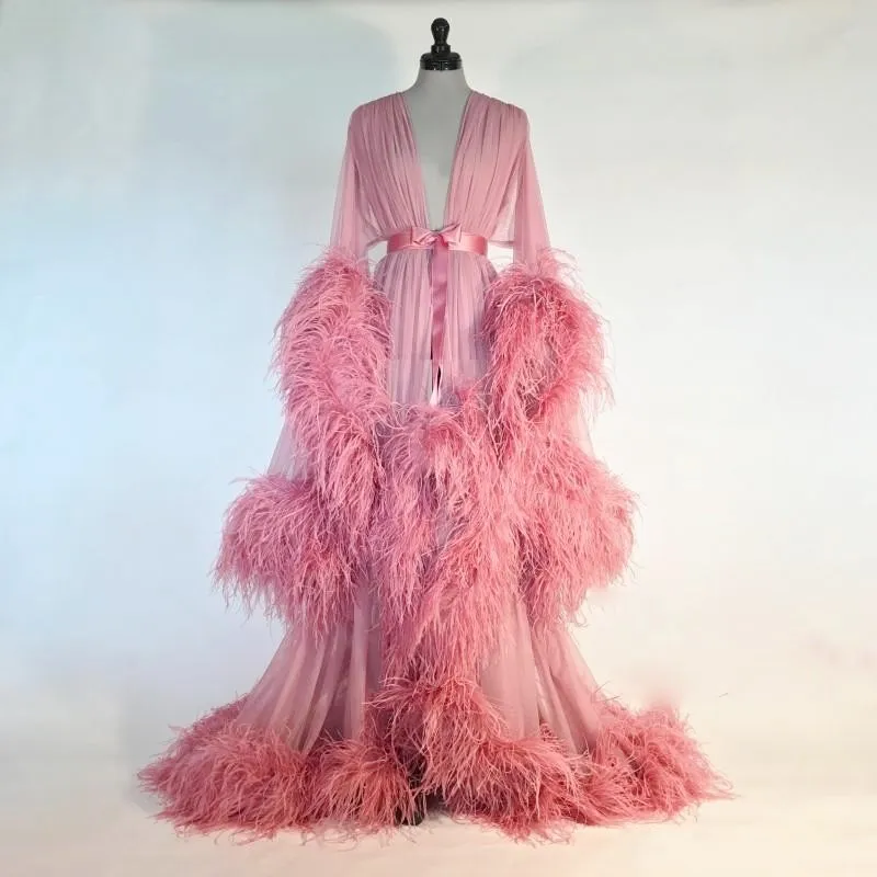 Sexy Pink Feather Bridesmaid Nightgown With Long Sleeves And Sheer