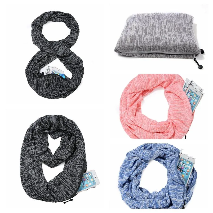 Fashion Unisex Stretchy Pocket Scarf Creative Loop Secret Hidden Zipper Scarf Winter Warm Solid Ring Blanket Wrap Scarves LJJ_TA1287