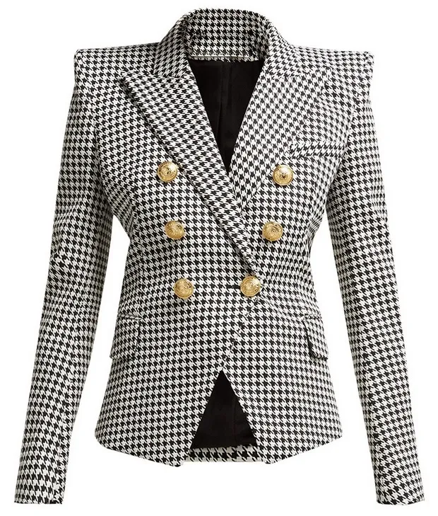 Blazer doppiopetto classico pied de poule da donna di design originale di alta qualità Giacca slim con fibbie in metallo Blazer con colletto