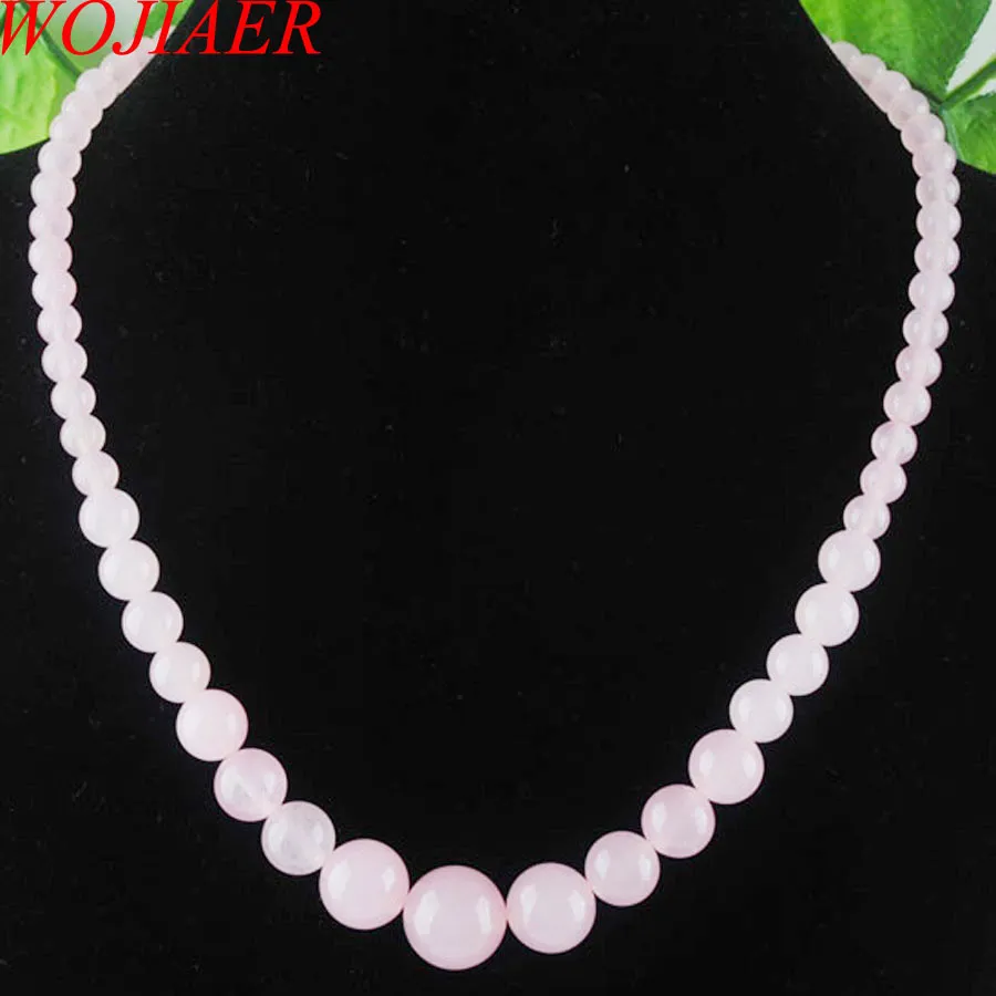 Wojiaer Pink Rose Quartz Gem Sten 6-14mm Graduerade Runda Pärlor Kvinnor Halsband 17.5 tum Strand Smycken F3004