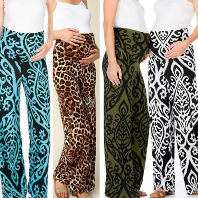 Mulheres calças perna larga calças de maternidade Bohemia Leopard Versátil Comfy Salão gravidez esticar Calças suave Yoga Trabalho Planeta Calças C6236