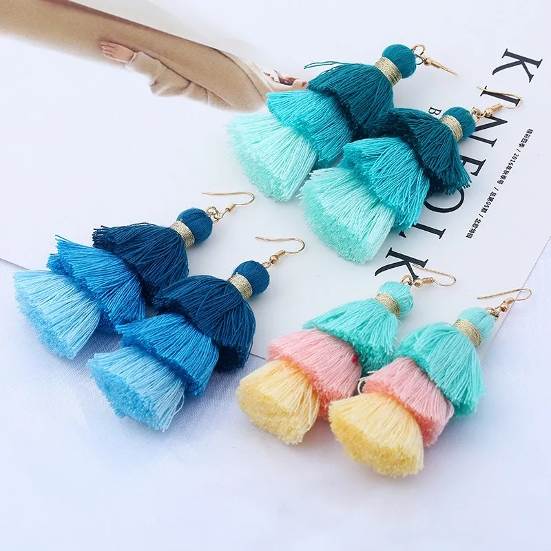 9 Colors Handmade Long Tassels Earring Dangle & Chandelier Three Layers Color Match Fringe Ear Drop Bohemia Style Stud Jewelry Women Wholesale