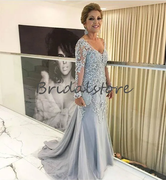 Bohemian Dusty Blue Mother of Bride Mermaid V Neck spets långa ärmar Prom klänningar Evening Wear Vintage Groom Mom Outfits Prom Dress