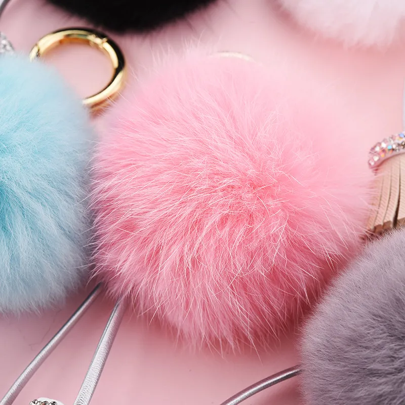 Faux Rabbit Fur Pom-Pom Key Chain Cute Fluffy Puff Ball Bows Key Ring Car  Pendan