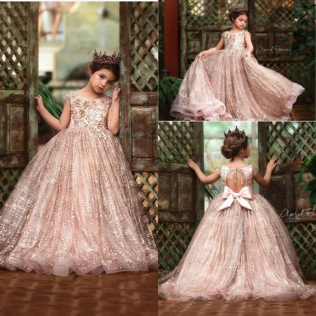 Gold New Rose Sequined Flower Girl Dresses For Weddings Lace Sequins Bow Open Back Sleeveless Girls Pageant Dress Kids Communion Gowns s