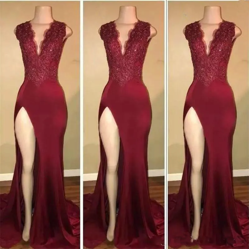 Burgundy Mermaid Prom Dresses 2019 Modest Evening Wear Gowns High Split Party Black Couple Day Plus Size A-line 2K19 Cheap vestido de novia