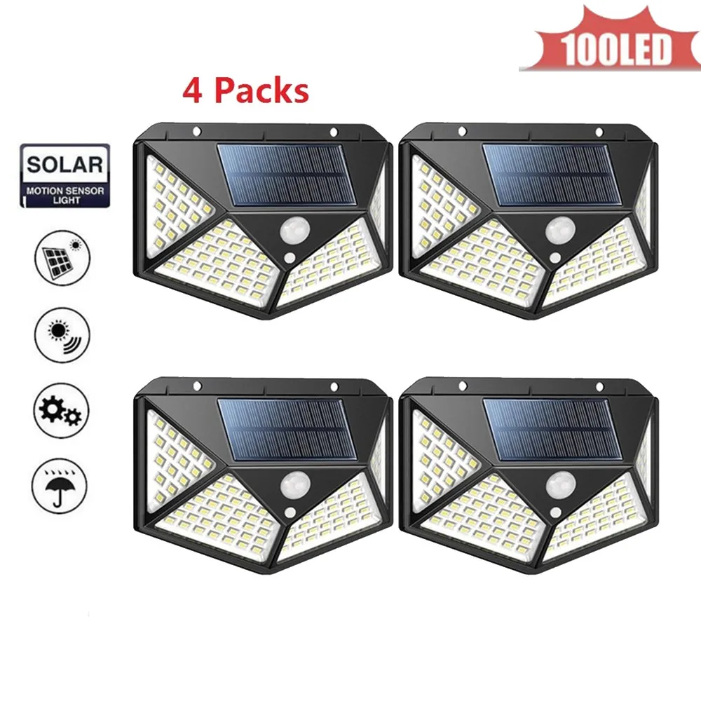 100 LED lumière solaire PIR capteur de mouvement applique murale lumières à économie d'énergie étanche extérieur projecteurs de jardin projecteurs 4 côtés 270 ° éclairage s