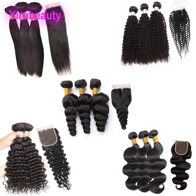 Cabelo virgem brasileiro Yirubeauty onda corporal 3 pacotes com fechamento de renda 4X4 Reta, profunda, encaracolada, onda solta, crespa, encaracolada, tramas de cabelo humano 10-30