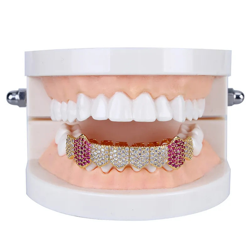 Gold Silver Color Hip Hop Iced Out Colorful CZ Mouth Teeth Grillz Caps Top Bottom Grill Men Women Vampire Grills Jewelry Gifts2466980