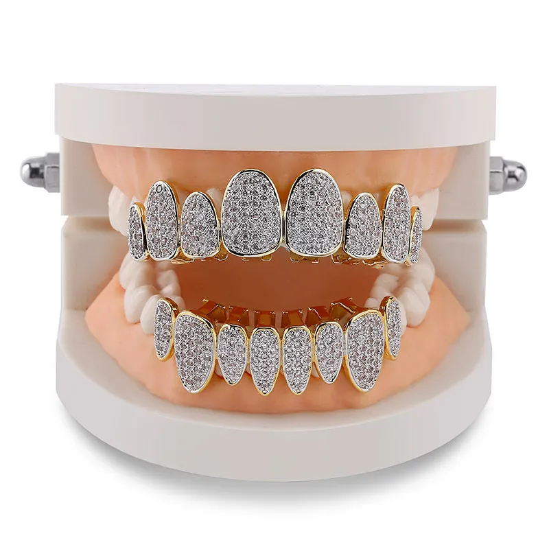 Guld silver färg iced out cz guld grillz kristall smycken tillbehör topp botten grillar tänder kropp smycken hip hop bling cubic zircon