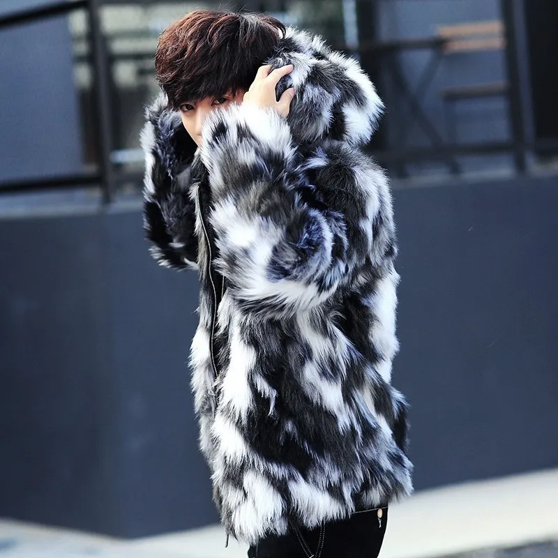 Leopard Faux Fur Coat Men Hooded Warm Mens Fur Coats Zipper Outwear Jacket Male Winter Parka Oversized Colorful Black 3XL