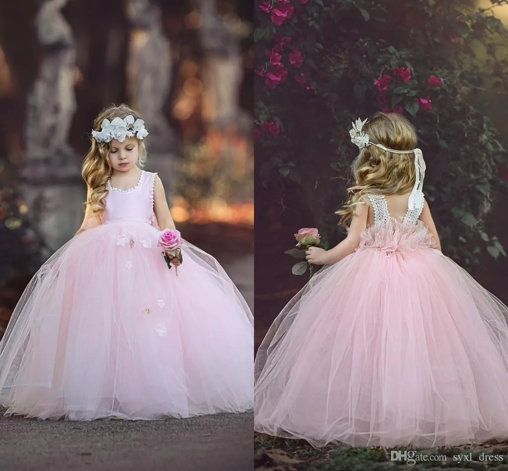 New Arrival Tutu Ball Gown Flower Girl Dresses Square Pink Tulle Princess Handmade Flowers Floor Length Birthday Party Dresses