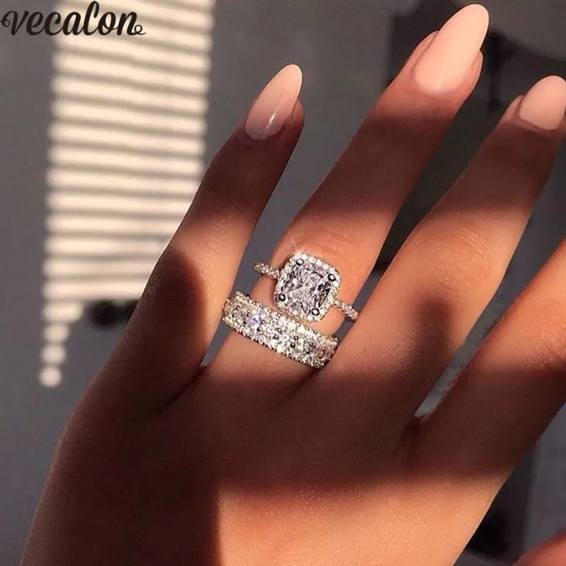 Vecalon Romantic Lovers Promise Ring 925 Sterling Silver Diamond Party Wedding Band Ringen voor Vrouwen Mannen Vinger Sieraden