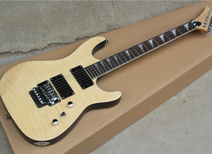 Guitarra eléctrica de color madera natural personalizada de fábrica con chapa de arce flameado, puente Floyd Rose, clavijero inverso, se puede personalizar