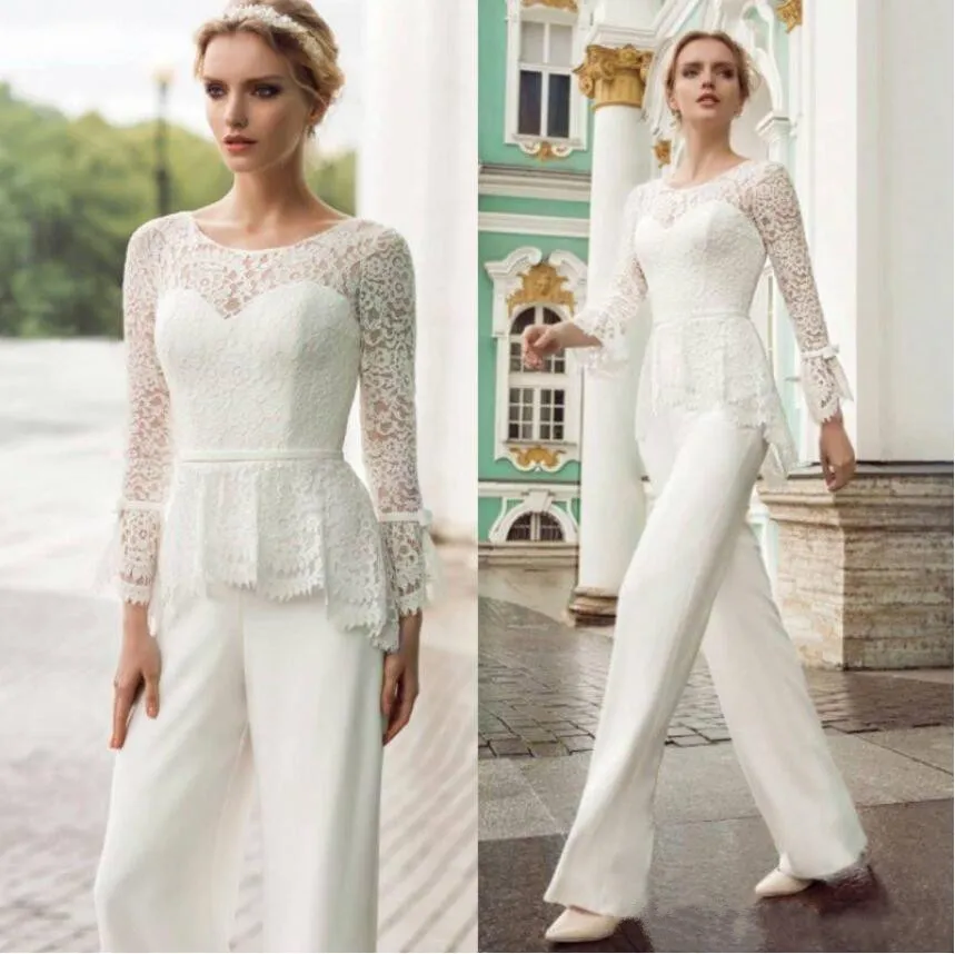 Eleganta Jumpsuits Lace Mother of the Bride Pant Suits Jewel Långärmade Chiffon Bröllop Guest Gown Groom Grows Mor av brudklänningarna