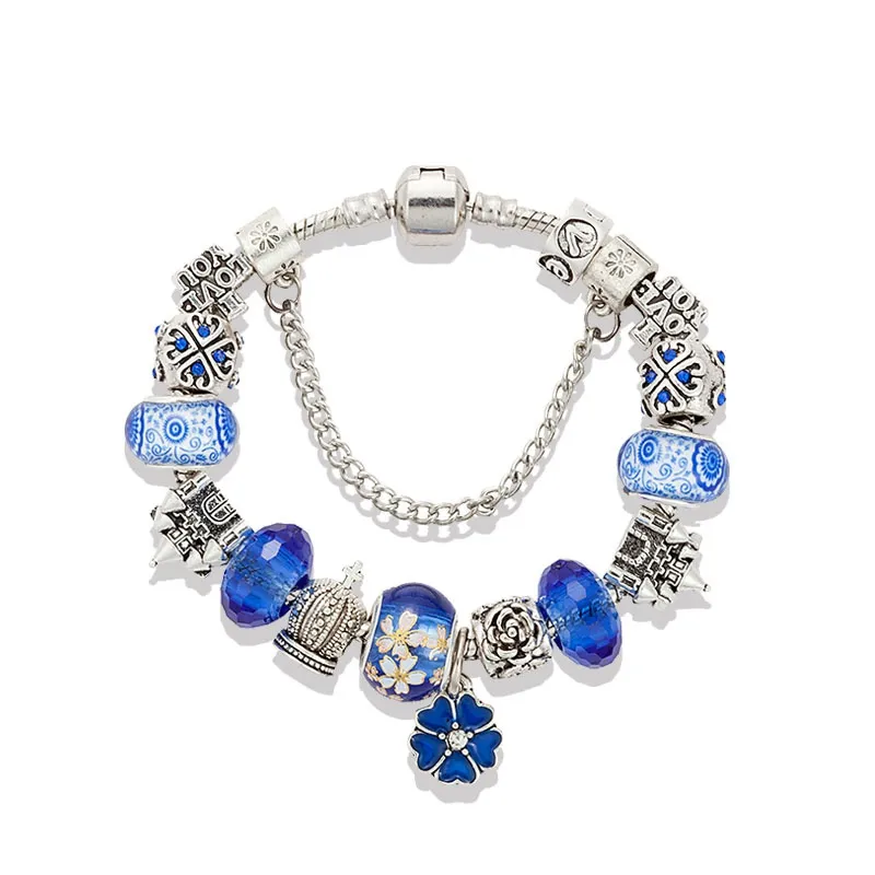 Nuovo braccialetto con ciondolo in cristallo blu reale, scatola originale placcata in argento, adatto per regali di festa con perline di castelli fai da te