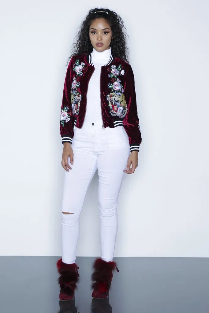 Autumn Embroidered Velvet Bomber Jacket 