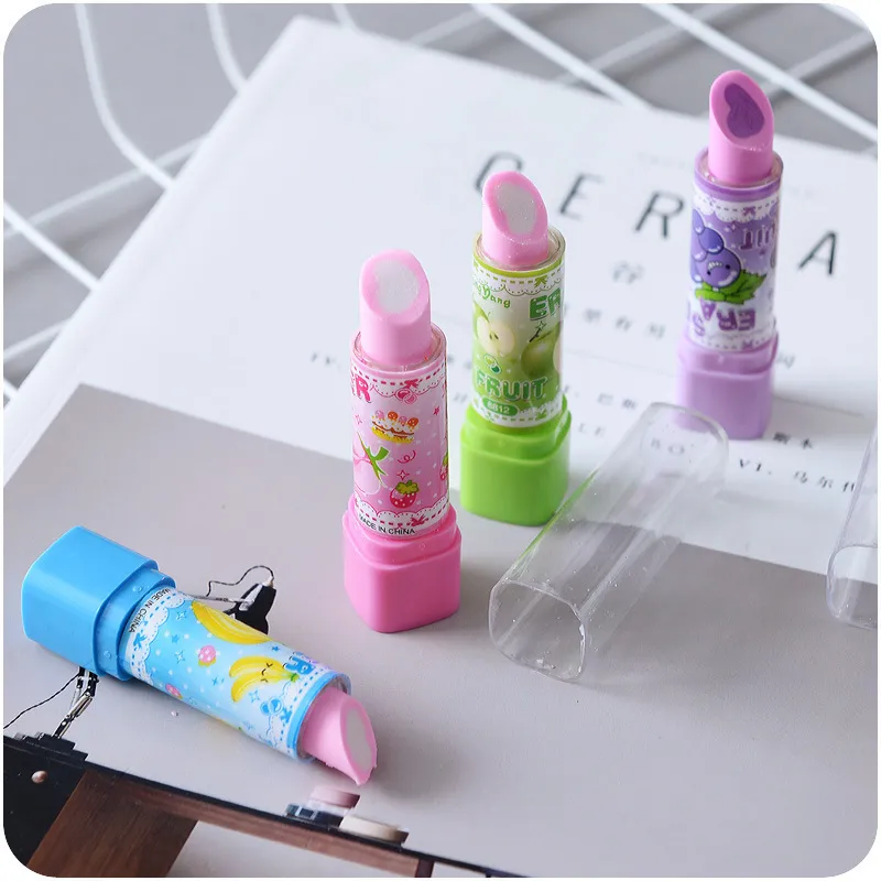 Hot cheap price unique lipstick shape pencil eraser popular fruit color kitty color young girls love eraser for gift