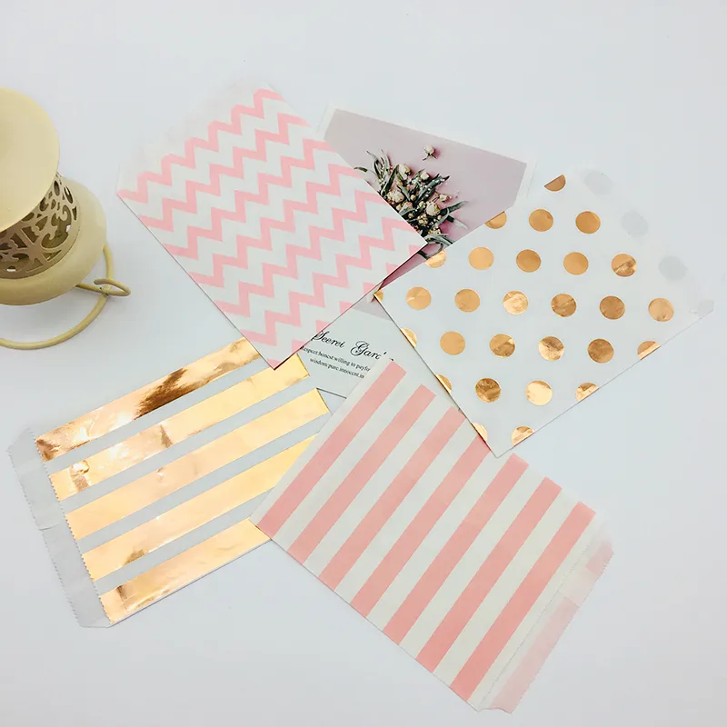 100pcs 5 x 7 Inch Kraft Paper Bags Foil Rose Gold Colorful Orange Teal Black Pink Polka Dots Stripes Chevron Candy Buffet Bag