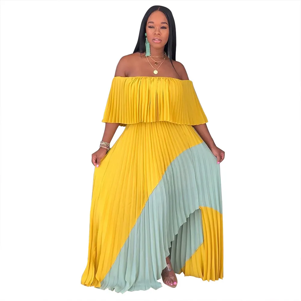 Vrouwen Boheemse Jurken Off Shoulder Summer Long Ruffle Beach Maxi Jurk Rainbow Geplooid Casual Jurken Asymmetrisch