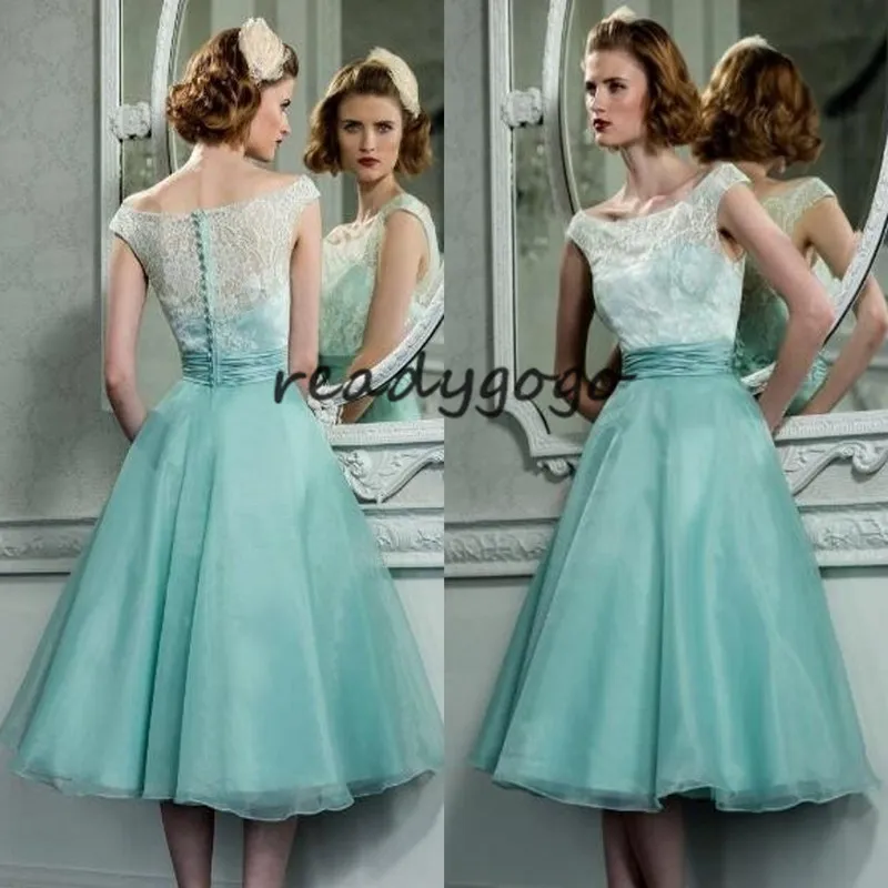 Vestidos Teelange Brautjungfernkleider 2020 Vintage Spitze Top Flügelärmel Mintgrün Rüschen Organza A-Linie Trauzeugin Kleid