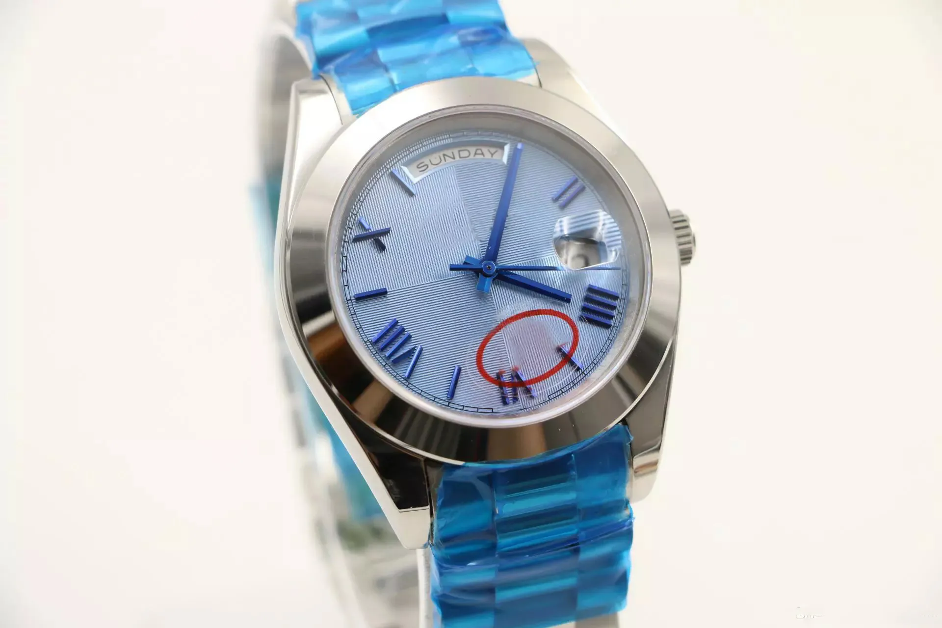 Relógios de relógios automáticos clássicos de 36 mm exibem discagem listrada azul redonda Presidente Strap Standless Watch Case