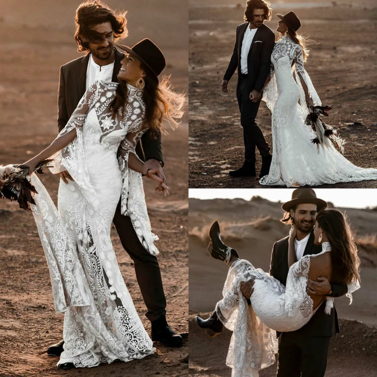 2020 Bohemian Gelinlik Uzun Kollu Dantel Aplike Mermaid Gelinlikler Backless Vintage Ülke Tarzı Robes de Mariée