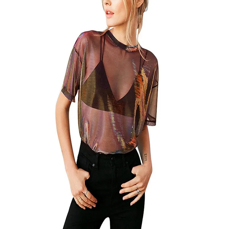 DHgate Holographic Mesh Sheer Short Sleeve T Shirt for Women Transparent Shiny Club Tee Apparel